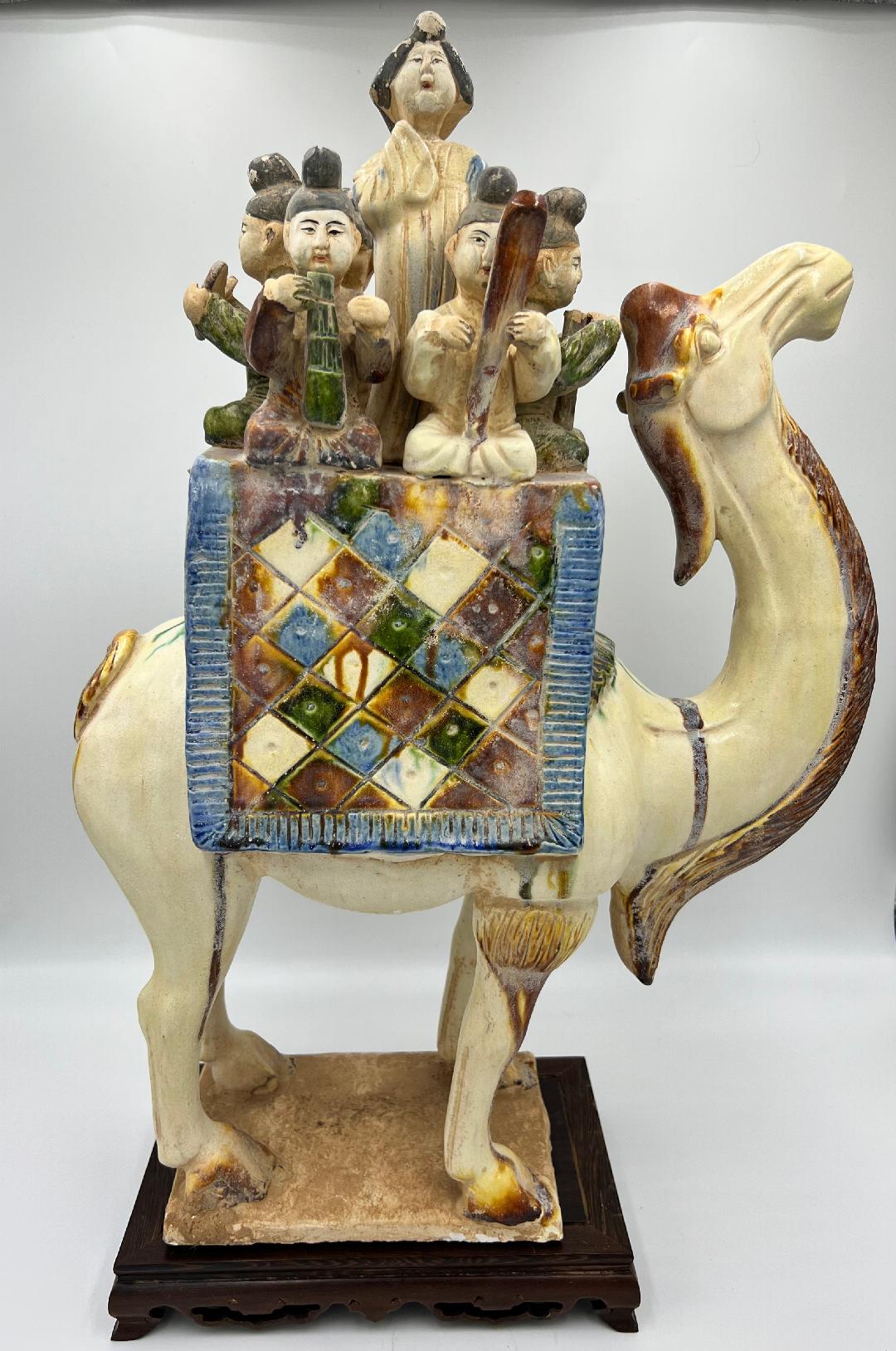 Tang Dynasty Tri-Color Camel with Musicians Sculpture with stand