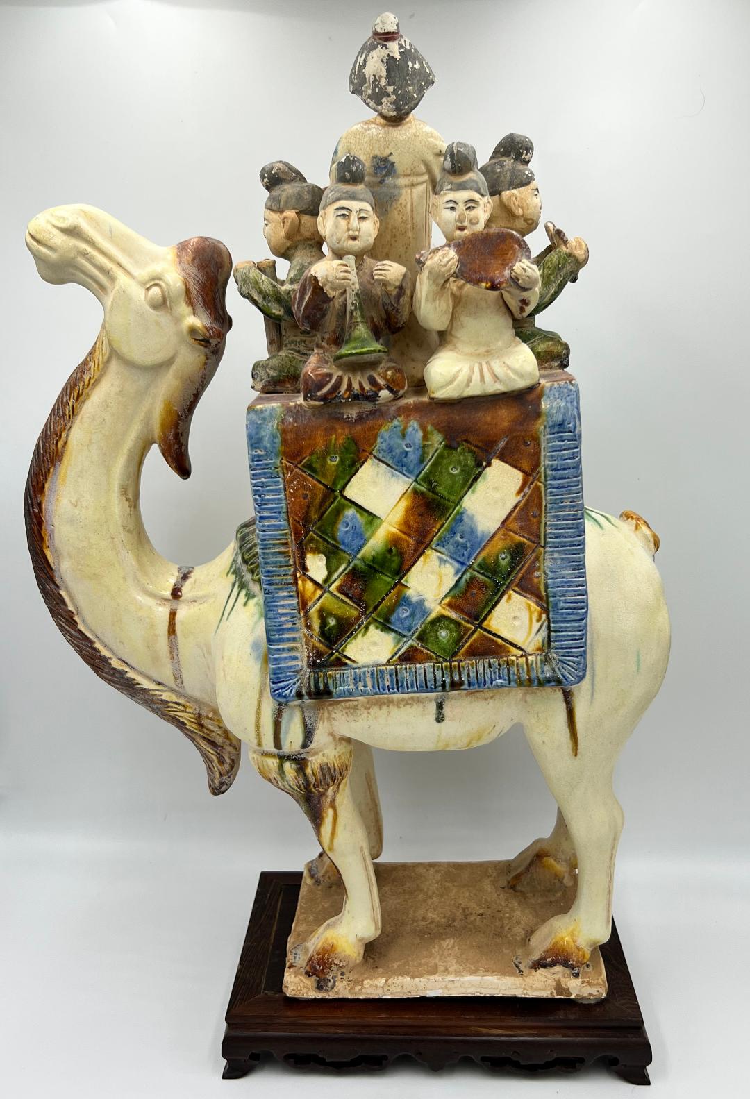 Tang Dynasty Tri-Color Camel with Musicians Sculpture with stand