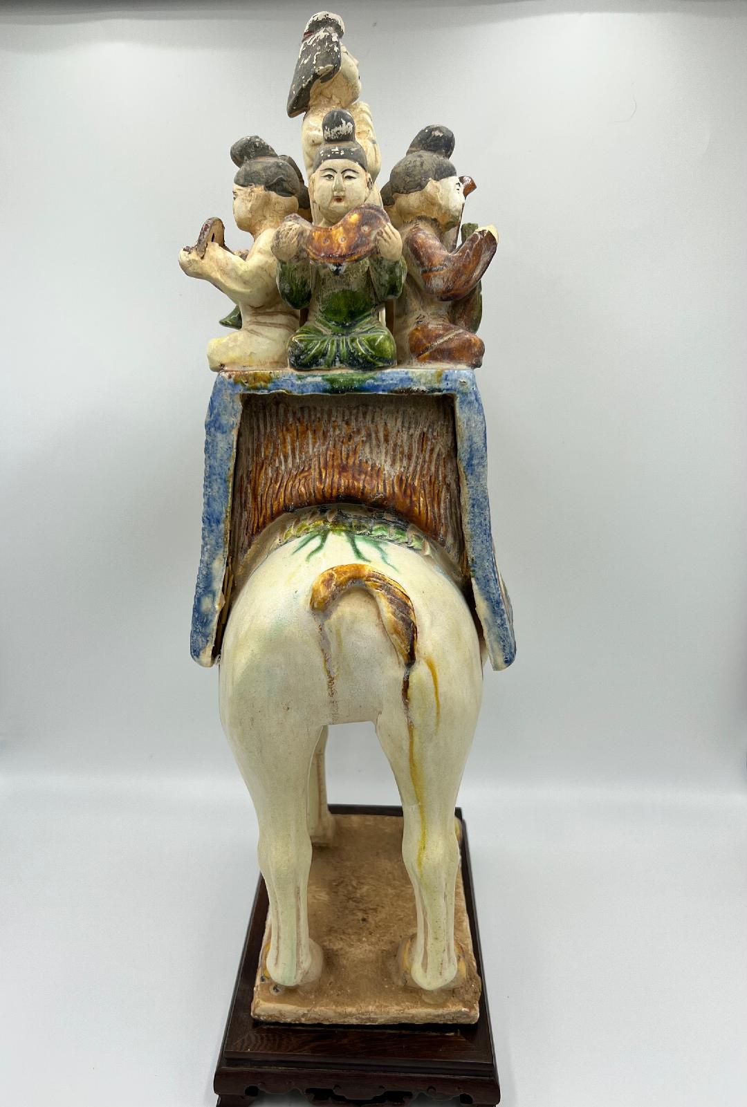 Tang Dynasty Tri-Color Camel with Musicians Sculpture with stand