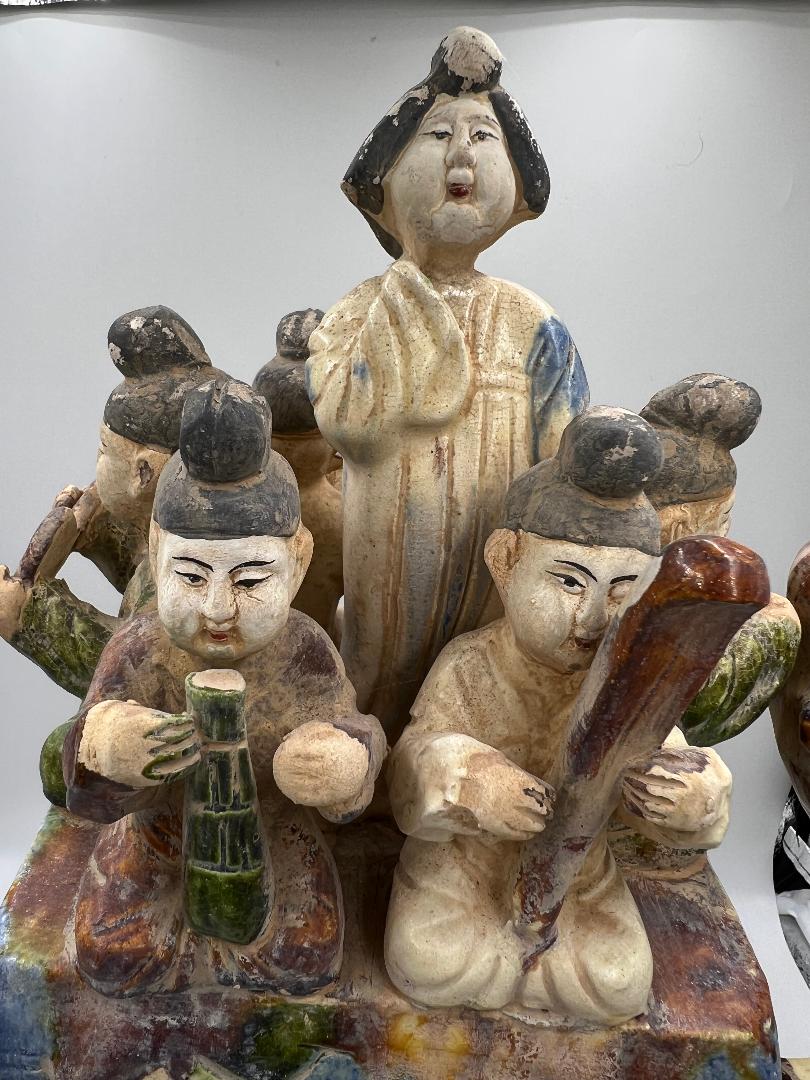 Tang Dynasty Tri-Color Camel with Musicians Sculpture with stand