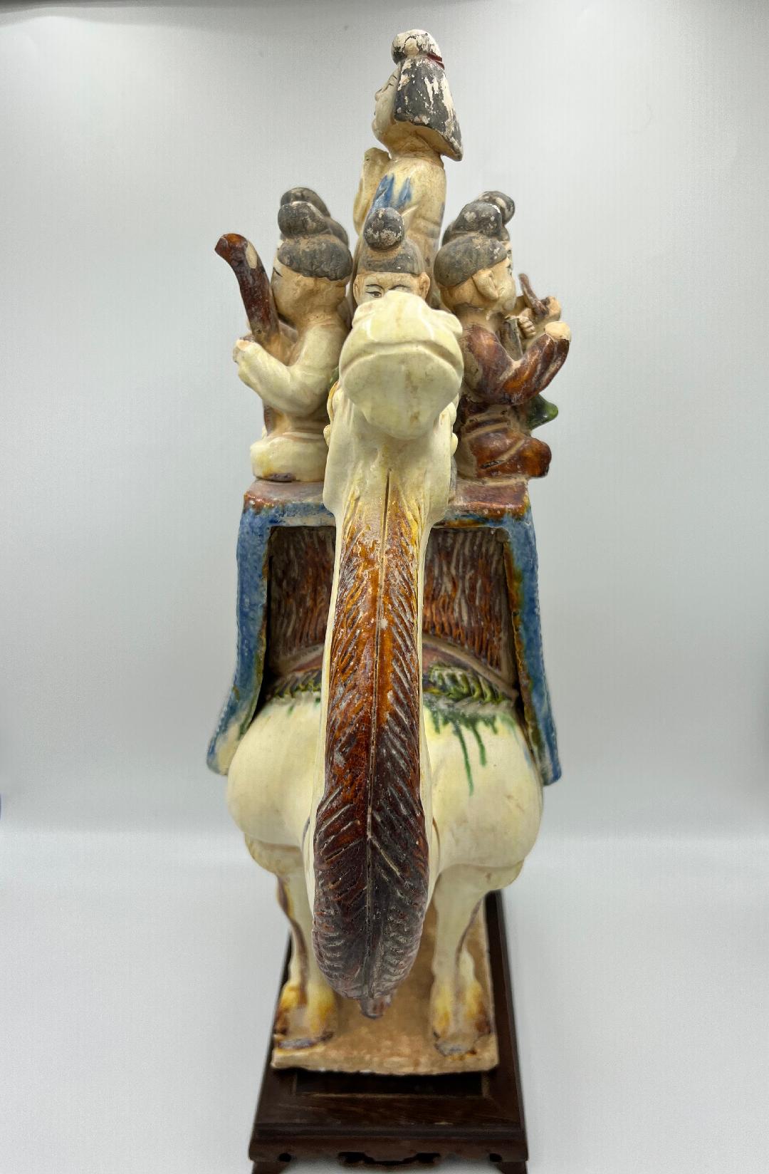 Tang Dynasty Tri-Color Camel with Musicians Sculpture with stand